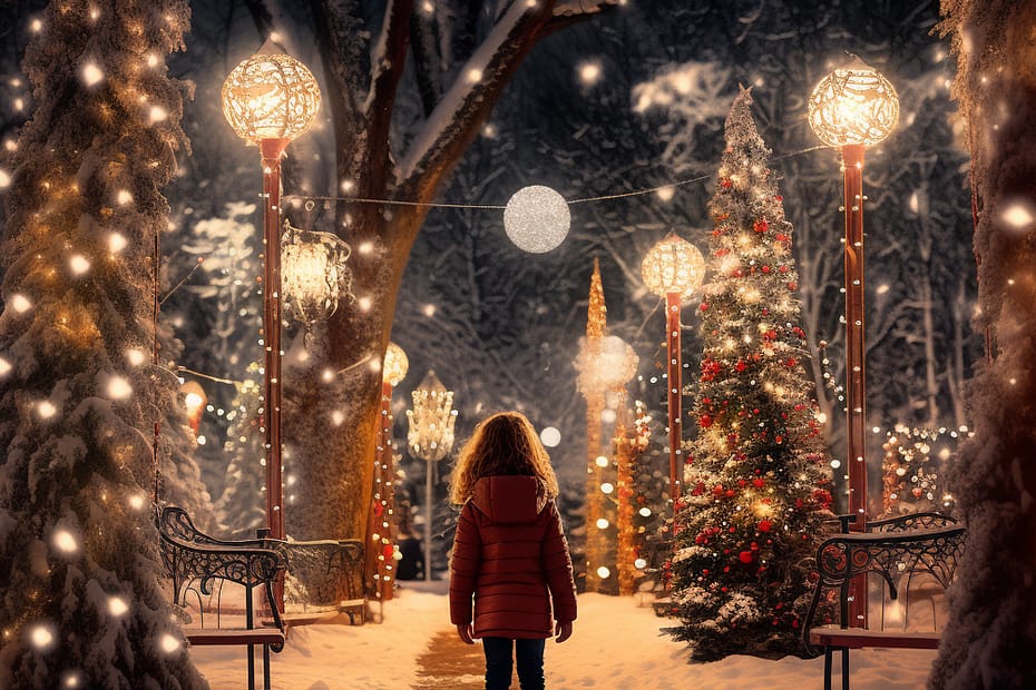 AI generated. Child in a park by Christmas tree and lights.